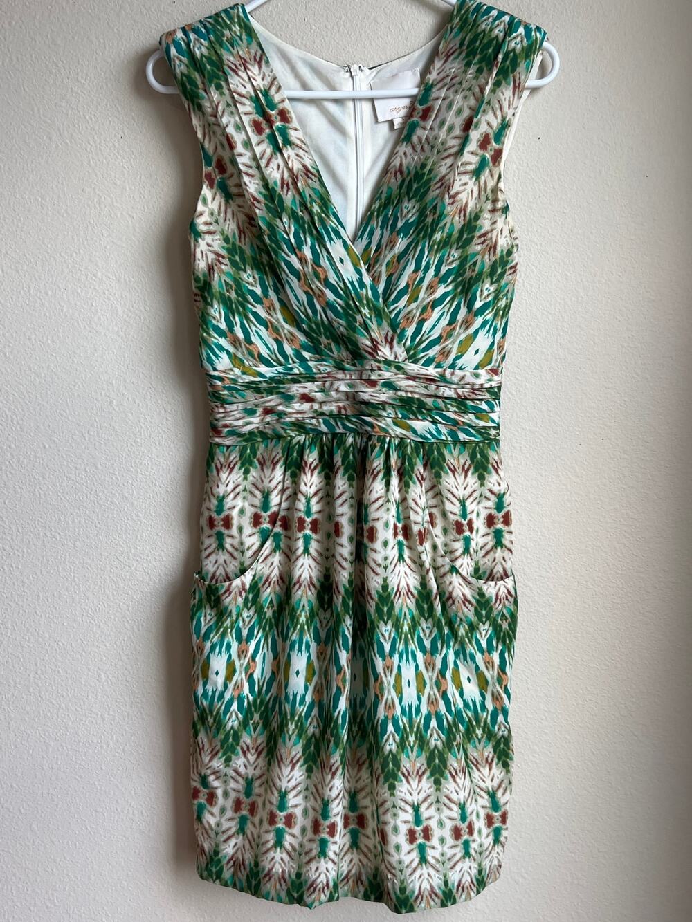 Aryn K. 100% Silk Ikat Abstract Geometric Pleated V-Neck Dress Pockets Small